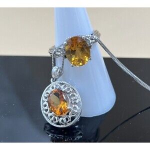Citrine Gemstone Pendant and Ring 925 Sterling Silver 18" Chain Size 7 Ring